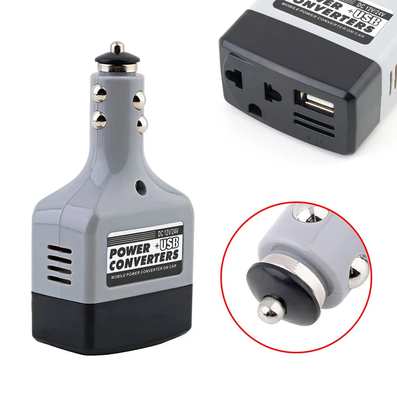 Adaptador Inversor Portátil para Automóvil Convertidor Móvil DC 12V/24V a AC 220V Cargador de Corriente+USB