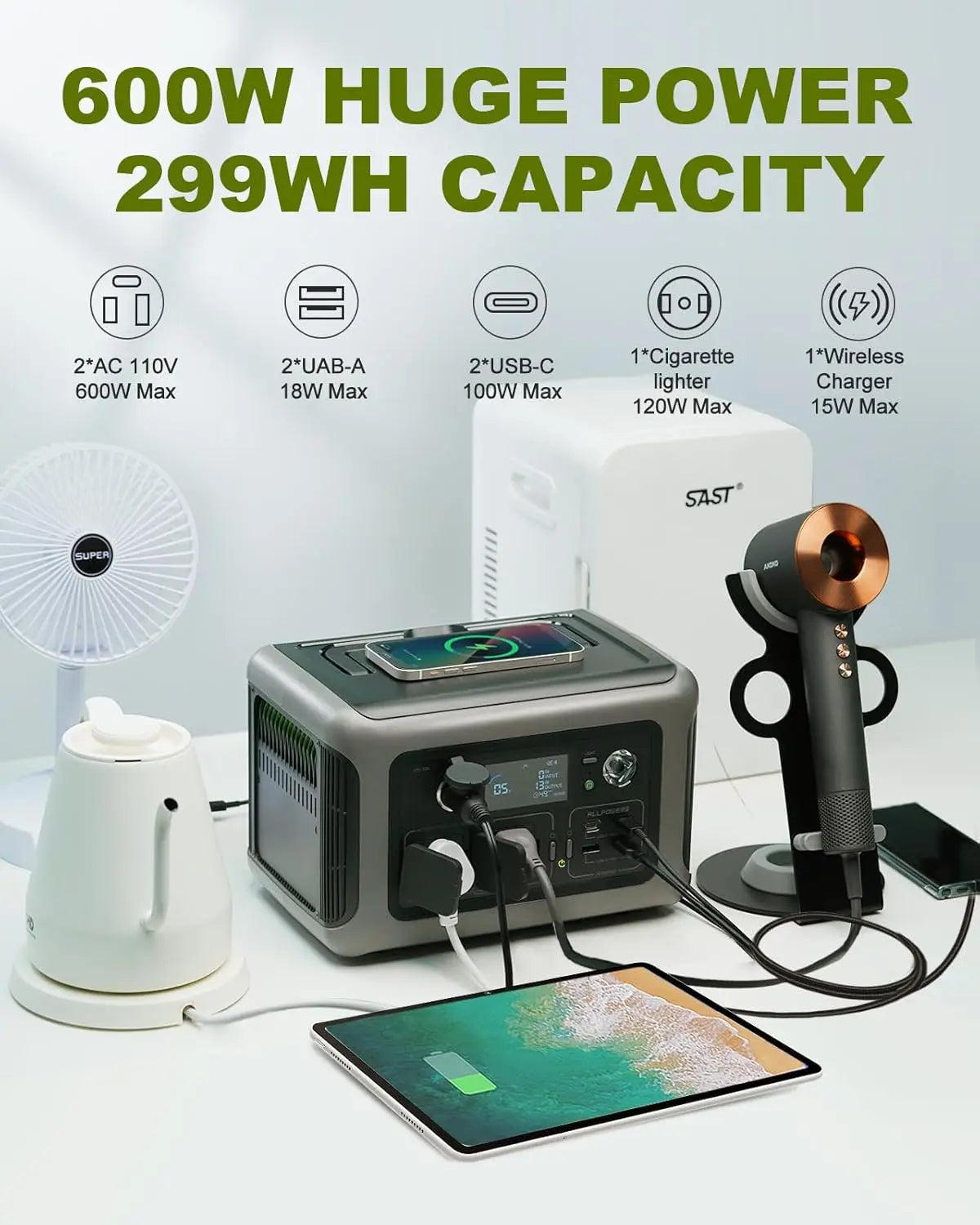 Estación de energía portátil ALLPOWERS R600, batería LiFeP04 de 299 Wh con 2 tomas de CA de 600 W (1200 W de pico) para camping, caravana y hogar