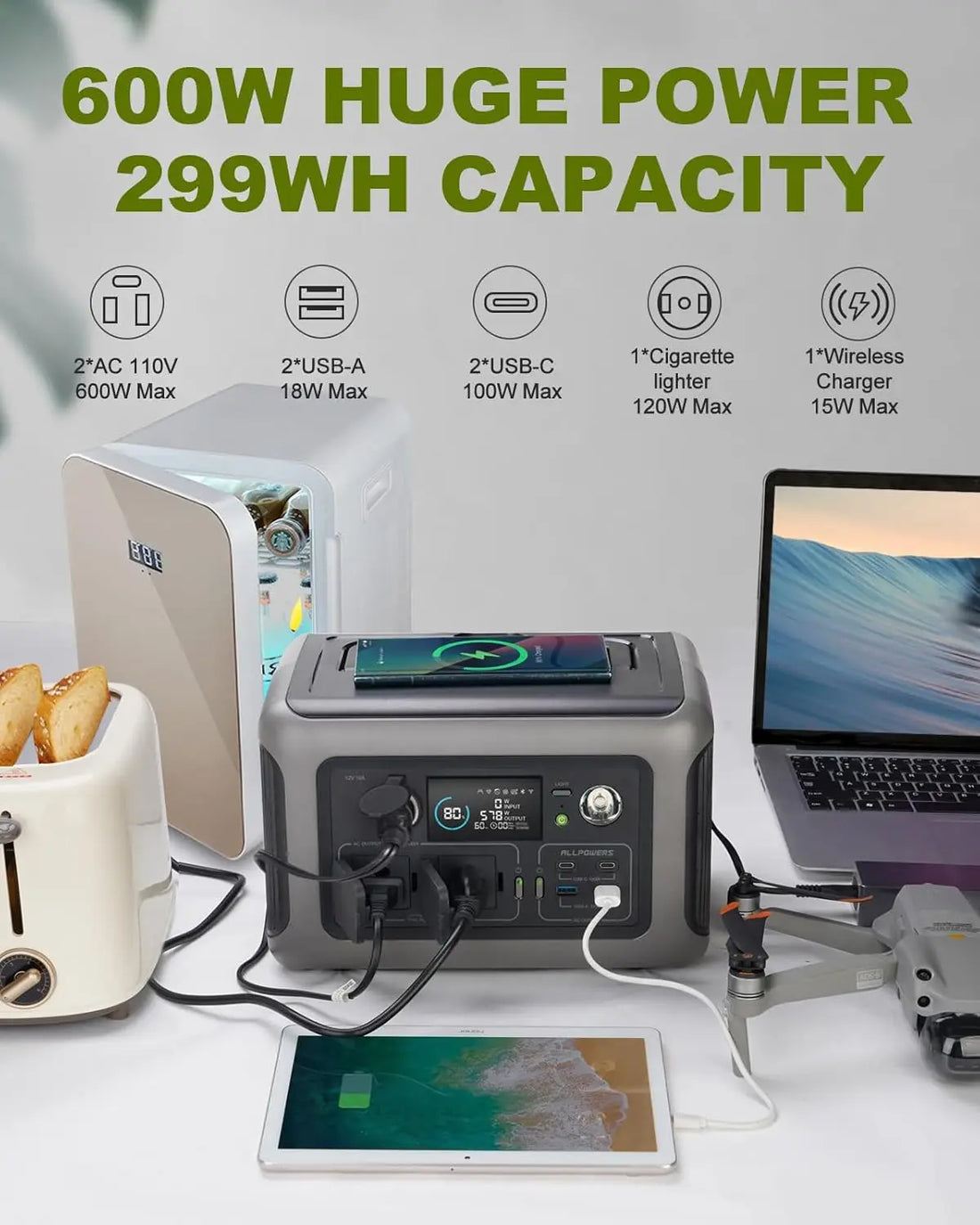 Estación de energía portátil ALLPOWERS R600, batería LiFeP04 de 299 Wh con 2 tomas de CA de 600 W (1200 W de pico) para camping, caravana y hogar