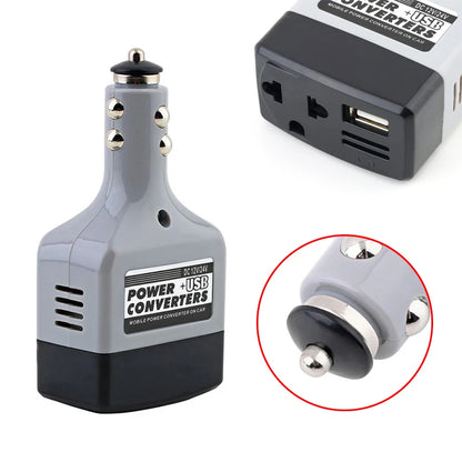Adaptador Inversor Portátil para Automóvil Convertidor Móvil DC 12V/24V a AC 220V Cargador de Corriente+USB