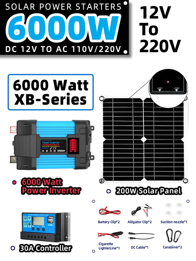 Kit completo de energía solar de 6000W fuera de la red + panel solar plegable de 200W - Estación de energía portátil para respaldo en el hogar, caravanas y coches de camping