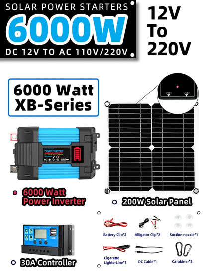 Kit completo de energía solar de 6000W fuera de la red + panel solar plegable de 200W - Estación de energía portátil para respaldo en el hogar, caravanas y coches de camping